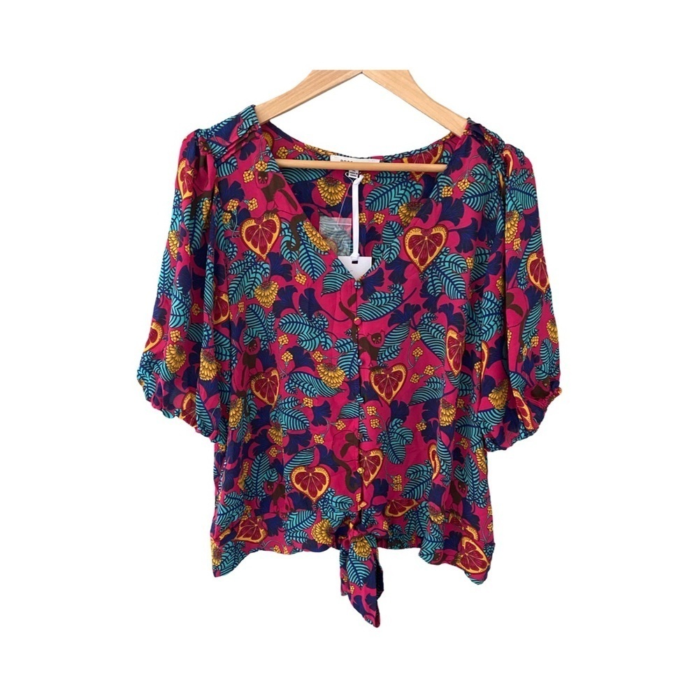 Rose + Olive Tropical Floral Print Button Tie Front Blouse NWT Size XL